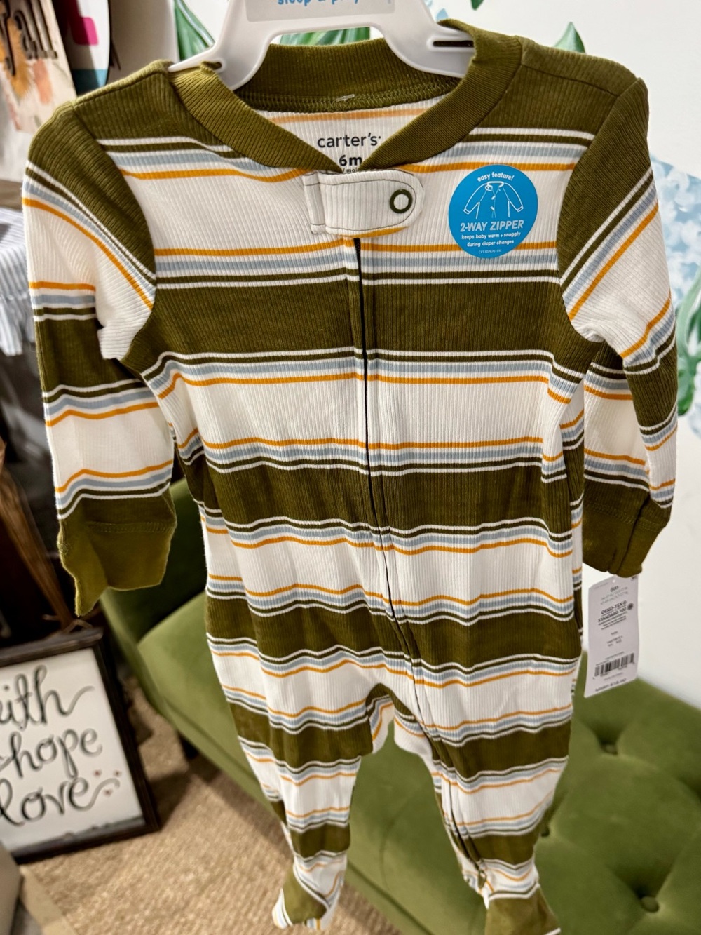 Carter's Olive, White & Yellow Striped Ribbed Footed One-Piece